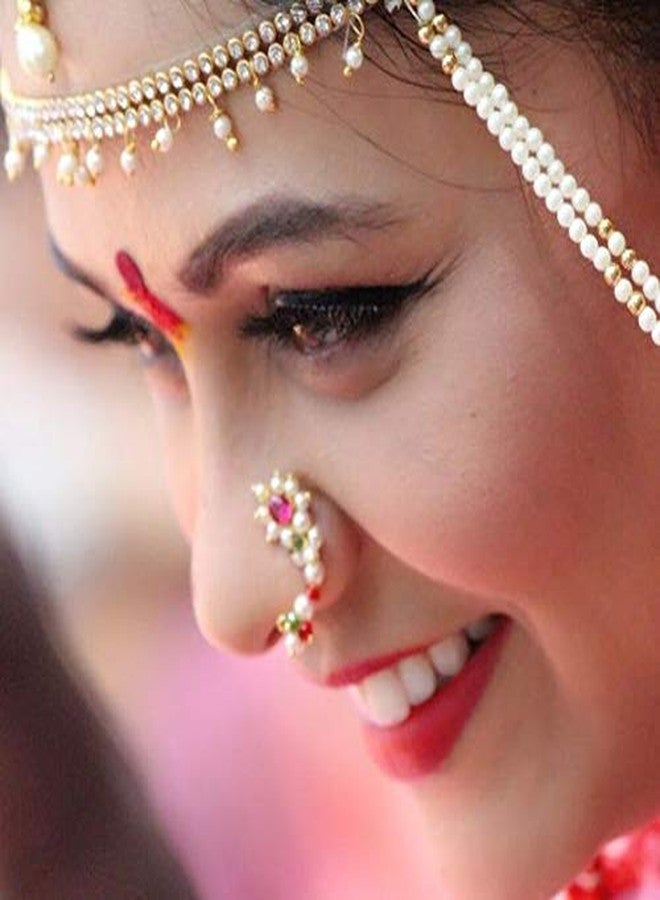 Bhumi Creation Traditional Maharashtrian (Non Pierced) Nath Nose Ring Pink Colour Stone Along with Pearl Beads for Women - Small Size - Image 2