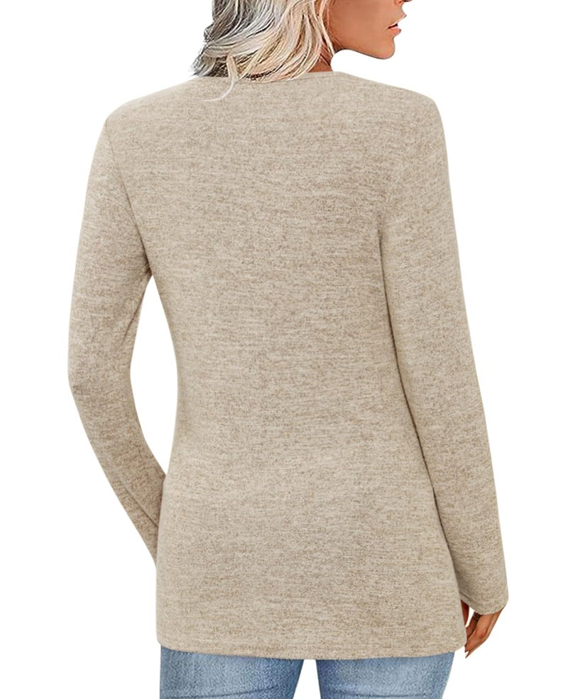 FMEYOA Women's Fall Long Sleeve Tunic Tops for Leggings V Neck Button Casual Blouse Sweatshirt(Khaki,Large) - Image 2
