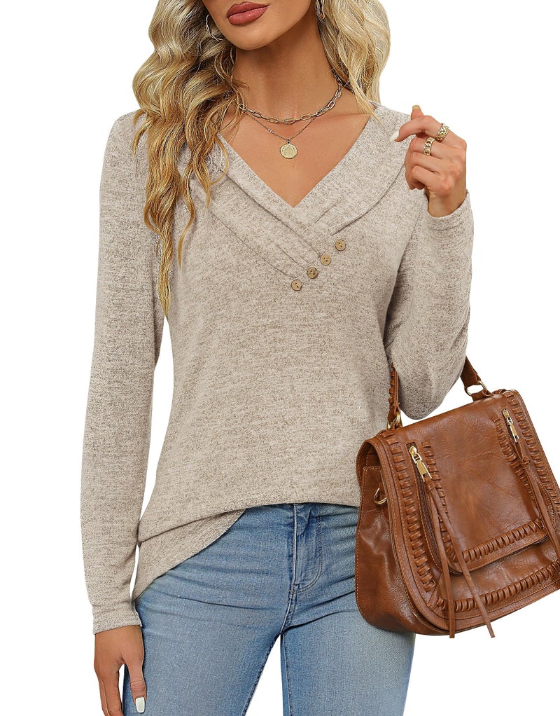 FMEYOA Women's Fall Long Sleeve Tunic Tops for Leggings V Neck Button Casual Blouse Sweatshirt(Khaki,Large) - Image 5