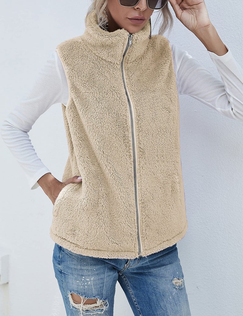 LOMON Women's Sherpa Fleece Zipper Vest, Fall Warm Quilted Gilet with Zip Pockets, Khaki M - Image 4