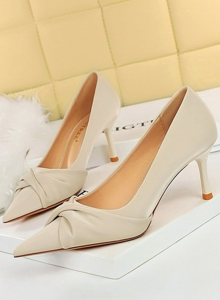 BIGTREE Women's Elegant Bowknot Stiletto Pumps 7 cm Elegant Gorgeous Closed Pointed Toe Slip On Solid High Heels Beige