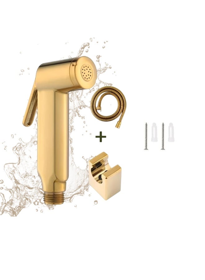 هيتكس طقم رشاش بيديه محمول باليد من سيينا جولد شطاف - هيكل من أكريلونتريل بوتادين ستايرين، قلب من النحاس - خرطوم مقاوم للانحناء، حامل، براغي متضمنة - رشاش حمام فاخر بلمسة نهائية ذهبية للمرحاض - Image 1