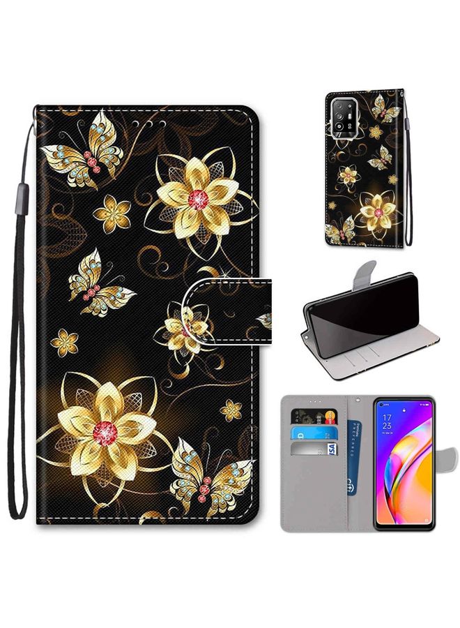 Case Cover For OPPO F19 Pro+ 5G / A94 5G / A95 5G Coloured Drawing Cross Texture Horizontal Flip PU Leather Case with Holder & Card Slots & Wallet & Lanyard Gold Diamond Butterfly