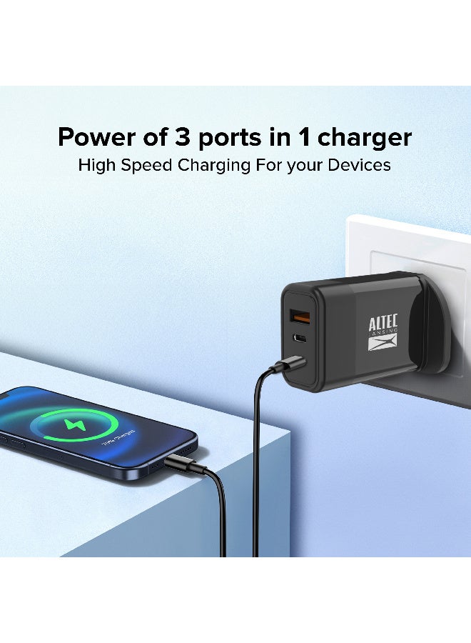 Altec Lansing GaN Wall Charger, 65W PD 3 in 1 Fast Charging, Triple Port Output 2 Type-C + 1 USB-A, Compact Fireproof Adapter, Wide Compatibility with Phones, Tablets & Laptops, Black - Image 3