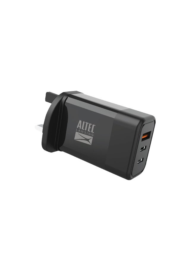 GaN Wall Charger, 65W PD 3 in 1 Fast Charging, Triple Port Output 2 Type-C + 1 USB-A, Compact Fireproof Adapter, Wide Compatibility with Phones, Tablets & Laptops, Black