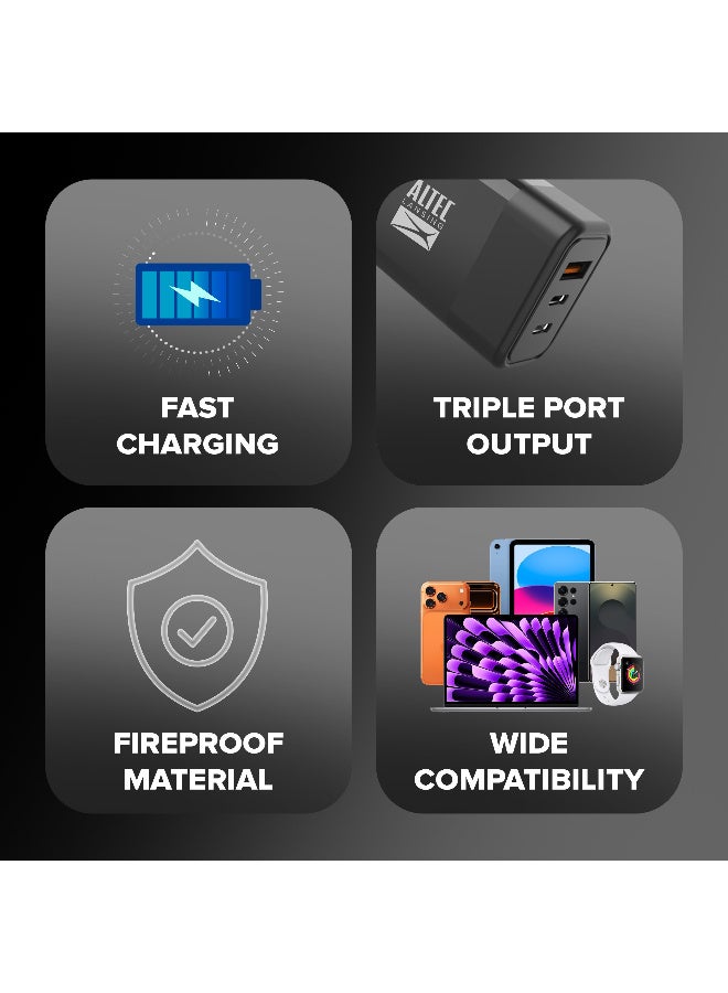 Altec Lansing GaN Wall Charger, 65W PD 3 in 1 Fast Charging, Triple Port Output 2 Type-C + 1 USB-A, Compact Fireproof Adapter, Wide Compatibility with Phones, Tablets & Laptops, Black - Image 2