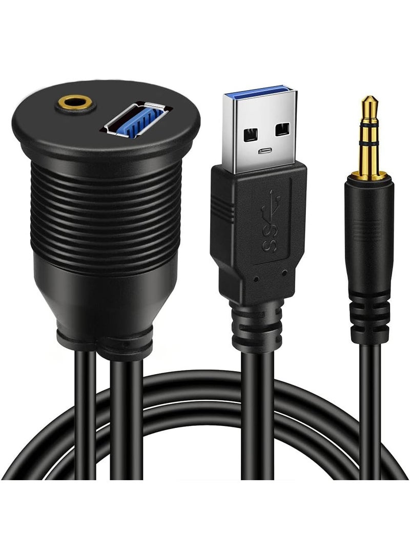 USB 3.0 u0026 3.5mm Car Mount Flush Cable 3.5mm + USB3.0 AUX Extension Dash Panel Waterproof Mount Cable for Car Boat and Motorcycle 1m - Image 1
