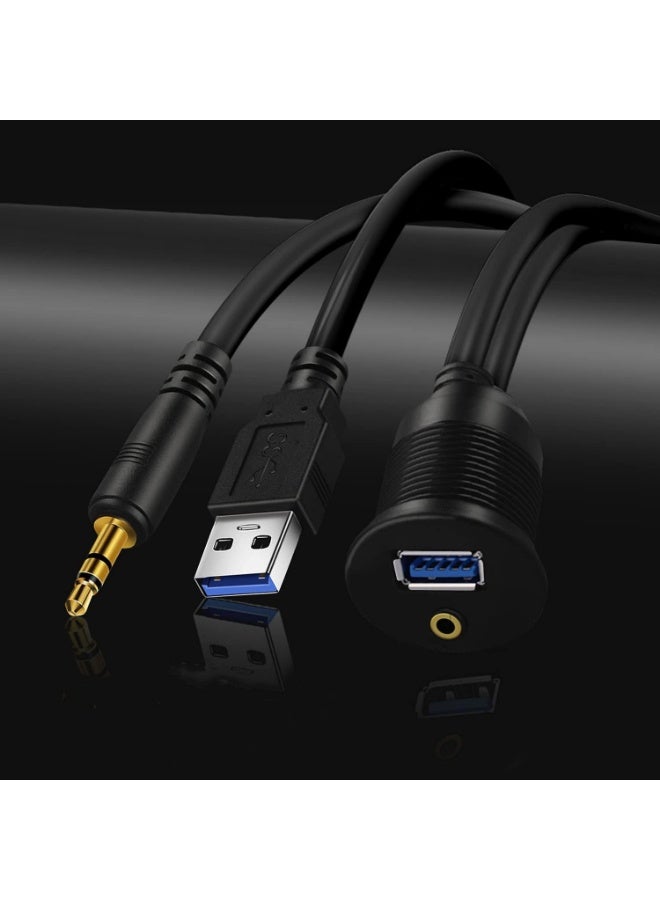USB 3.0 u0026 3.5mm Car Mount Flush Cable 3.5mm + USB3.0 AUX Extension Dash Panel Waterproof Mount Cable for Car Boat and Motorcycle 1m - Image 3