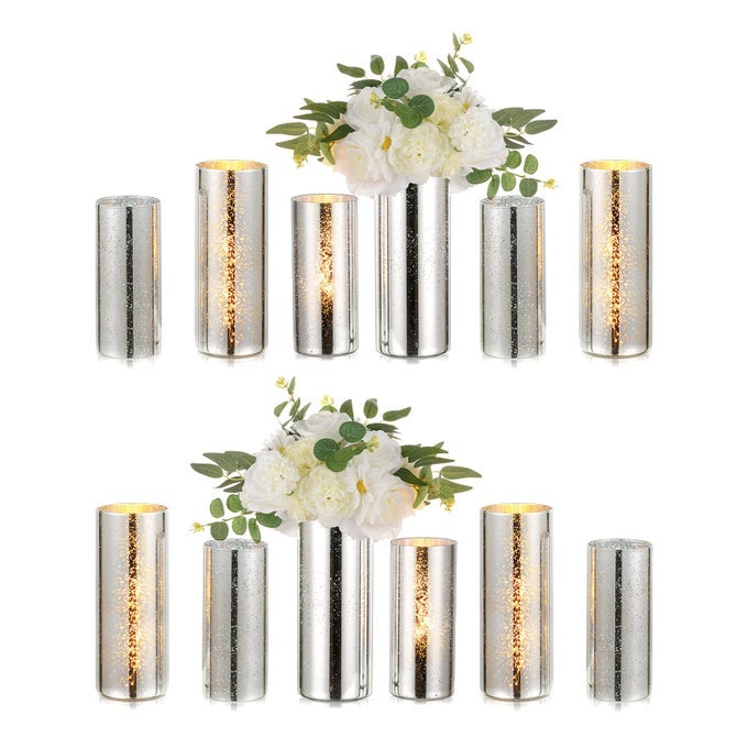 GLASS CYLINDER VASES SET OF 12 GLITTERY SILVER VASE FOR CENTERPIECES GLASS HURRICANE CANDLE HOLDERS FOR PILLAR FLOATING CANDLE ROUND TALL VASE FOR WEDDING ANNIVERSARY EVENTS HOME TABLE DECOR