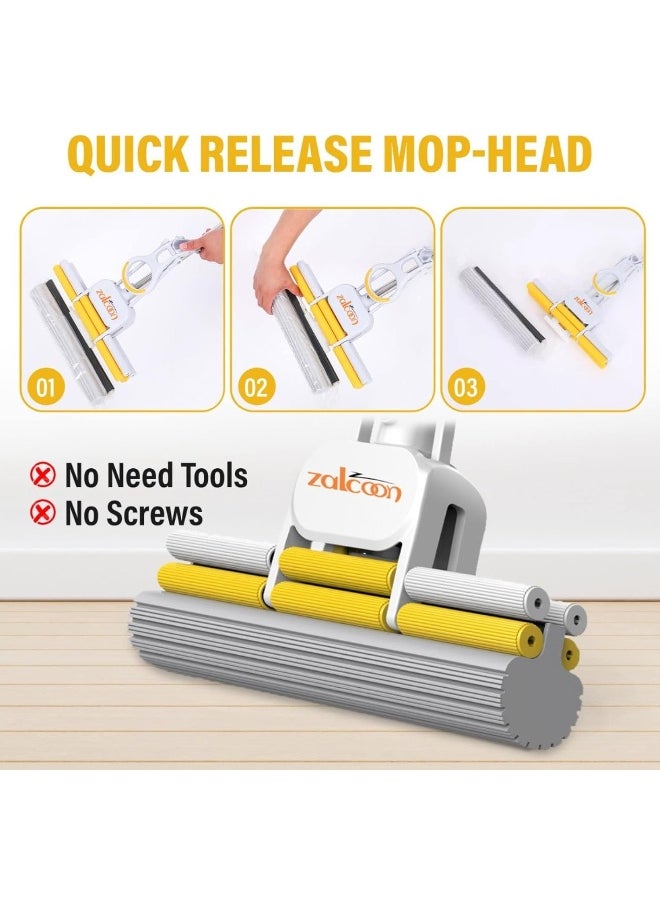 Zalcoon PVA Sponge Mop 27cm, Telescopic Handle Quadruple Roller| 2 Extra Super Absorbent PVA Sponge Refill | Household Cleaning Tool |Best for Kitchen, Tiles, Multi-Surface Hard Floor (1+2)  - Image 2