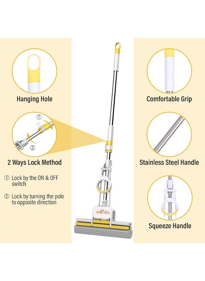 Zalcoon PVA Sponge Mop 27cm, Telescopic Handle Quadruple Roller| 2 Extra Super Absorbent PVA Sponge Refill | Household Cleaning Tool |Best for Kitchen, Tiles, Multi-Surface Hard Floor (1+2)  - Image 4