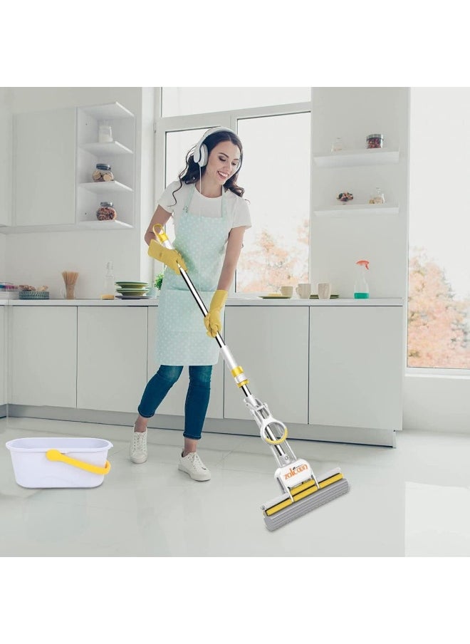 PVA Sponge Mop 27cm, Telescopic Handle Quadruple Roller| 2 Extra Super Absorbent PVA Sponge Refill | Household Cleaning Tool |Best for Kitchen, Tiles, Multi-Surface Hard Floor (1+2)