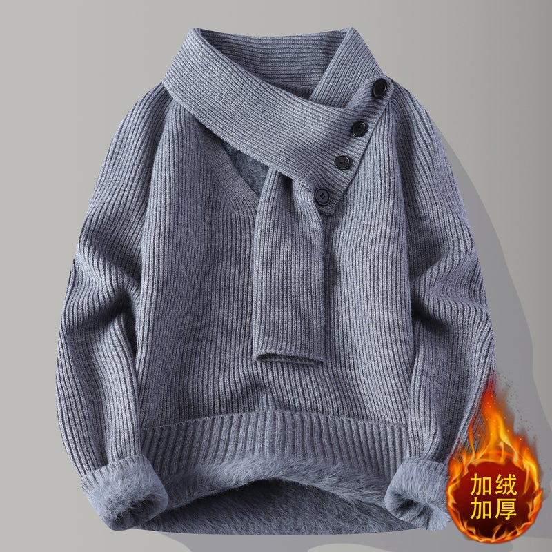 Cardigan Grey Men's Winter Sweater with Fleece Lining Thickened Trendy Knitwear Warm Top Knitted Clothing