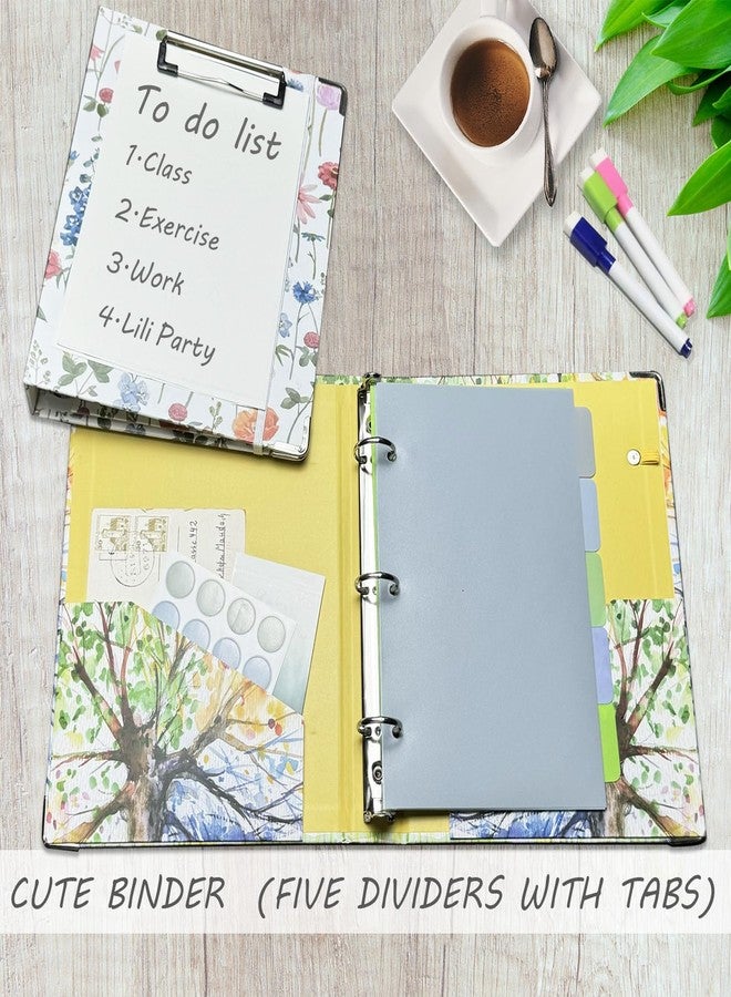BVSSX Mini 3 Ring Binder 1 Inch for 5.5"x8.5" Paper, Small Three Ring Binders with Clipboard,5-Tab Dividers with Sticker,Interior Pocket, Spine ID Label Holder, BVSSX A5 Binder with Pen Holder,Season Tree - Image 3