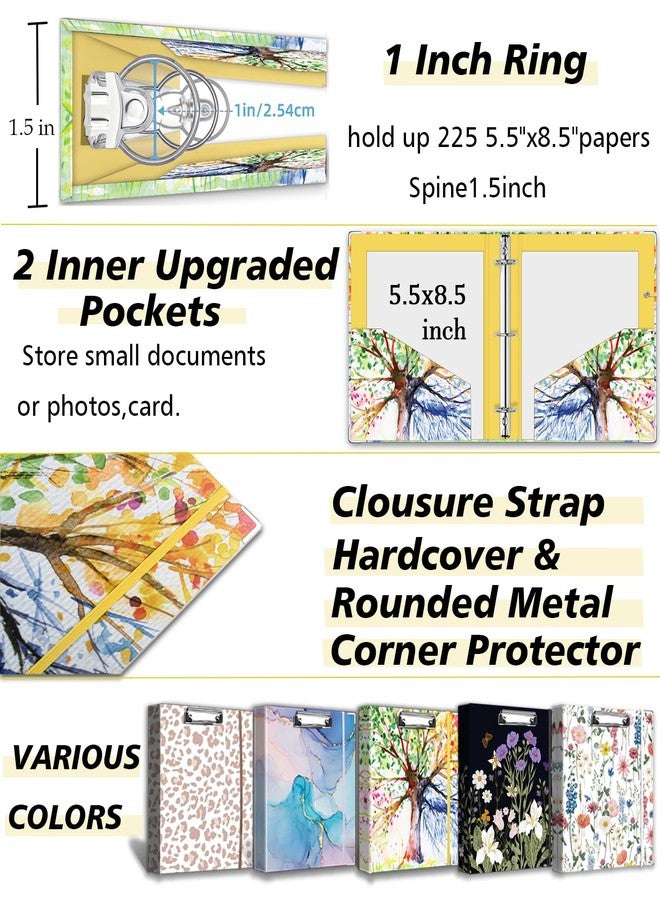 BVSSX Mini 3 Ring Binder 1 Inch for 5.5"x8.5" Paper, Small Three Ring Binders with Clipboard,5-Tab Dividers with Sticker,Interior Pocket, Spine ID Label Holder, BVSSX A5 Binder with Pen Holder,Season Tree - Image 5