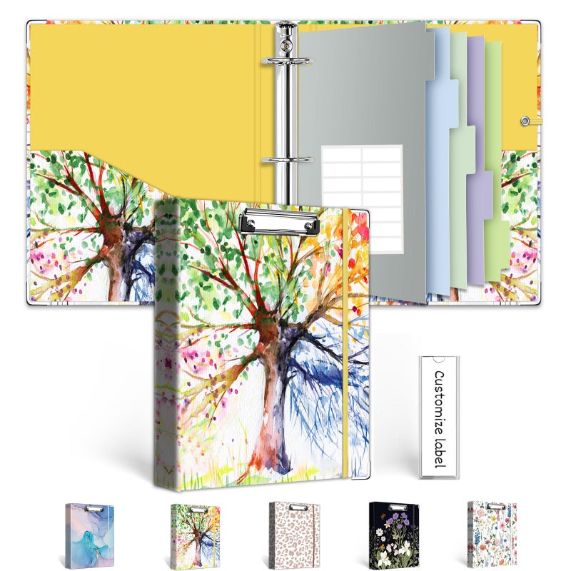 BVSSX Mini 3 Ring Binder 1 Inch for 5.5"x8.5" Paper, Small Three Ring Binders with Clipboard,5-Tab Dividers with Sticker,Interior Pocket, Spine ID Label Holder, BVSSX A5 Binder with Pen Holder,Season Tree - Image 1