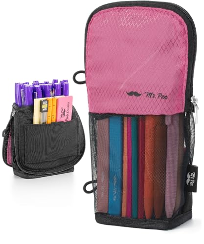 Mr. Pen- Standing Pencil Case Pouch, Sit & Lay Mesh-View Design, Black & Pink, Interior Pocket & 2 Elastic Binder Loops, Cute Pencil Case for Girls and Boys - Image 1