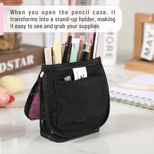 Mr. Pen- Standing Pencil Case Pouch, Sit & Lay Mesh-View Design, Black & Pink, Interior Pocket & 2 Elastic Binder Loops, Cute Pencil Case for Girls and Boys - Image 5