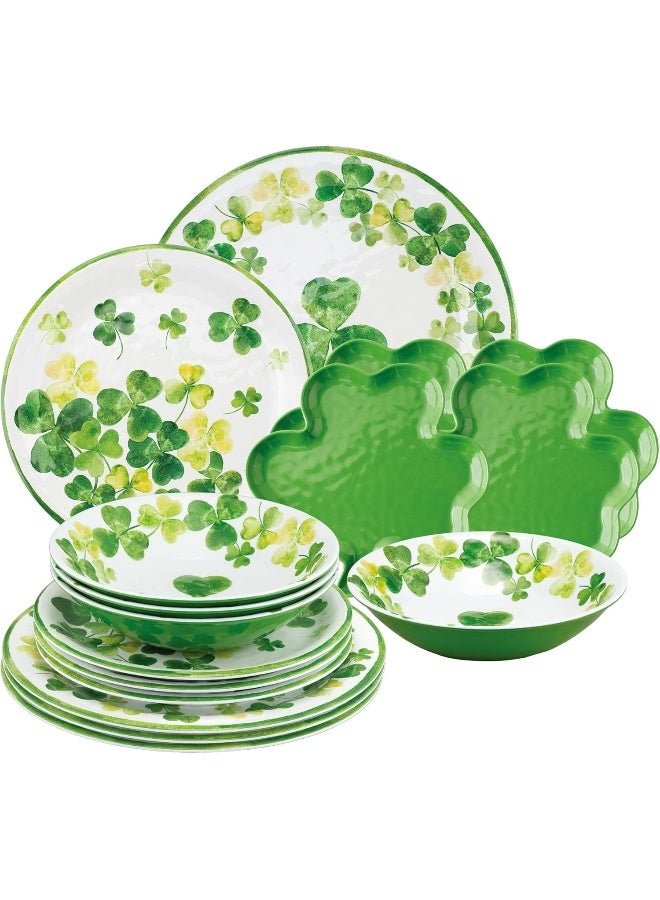 UP UPware 16 Piece Shamrocks Melamine Dinnerware Sets Outdoor Dishes Set Plates and Bowls Sets St Patricks Day Decorations Service for 4 Green - Image 1