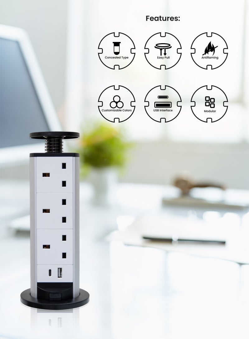 Table Pop Up Power Socket with 3 UK Outlets, USB Ports, and Type-C Fast Charging – Hidden Desk Power Socket for Office, Home, and Workstations. - Image 4