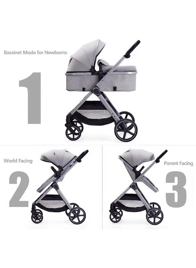 Lortsybab 2 in 1 Baby Stroller, Newborn Infant Toddler Convertible Bassinet Pram Stroller for 0-36 Months Old Babies (Grey) - Image 2
