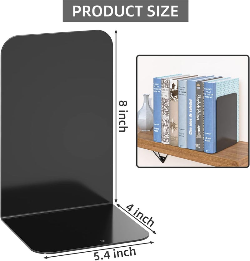 VFINE 4 Pairs Black Metal Bookends, Book Stopper for Heavy Books, Book Dividers for Home Office School Supplies - Image 2