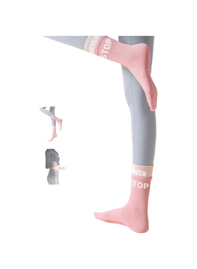 Dweck Yoga Socks For Women, Mid-Calf Fitness Sports Socks, Cotton Long Socks, Fake Two-Piece Floor Non-Slip Dance Socks, Pink - Image 1