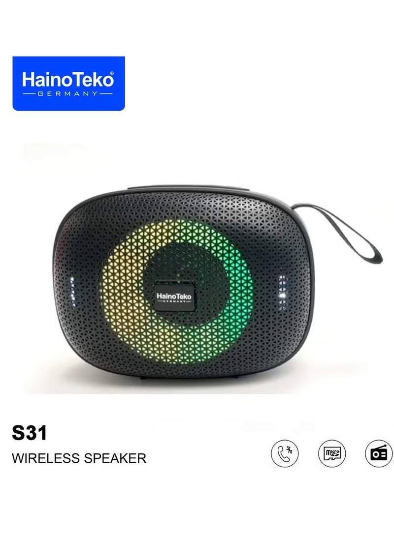 Haino Teko Germany S31 Bluetooth Speaker  Portable Wireless Music Speaker with USB AUX TF Card Support | Rechargeable Mini Loudspeaker with High Bass | Compact Travel Speaker for Android iPhone Laptop Tablet | Original Haino Teko Black Model for Indoor & Outdoor Use - Image 1