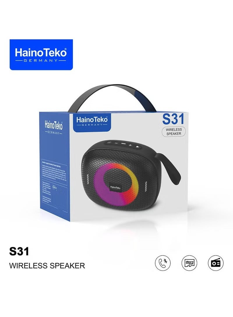 Haino Teko Germany S31 Bluetooth Speaker  Portable Wireless Music Speaker with USB AUX TF Card Support | Rechargeable Mini Loudspeaker with High Bass | Compact Travel Speaker for Android iPhone Laptop Tablet | Original Haino Teko Black Model for Indoor & Outdoor Use - Image 4