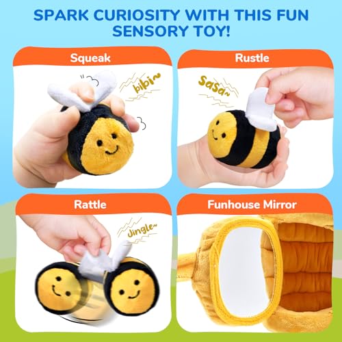 JoyCat Baby Toys 6-12 Months - Soft Baby Beehive with 5 Sensory Bees - Rattle, Crinkle Paper, Squeaker, Mirror, Busy Montessori Soft Toys for Toddlers 0-3 Years Old - Baby Christmas Birthday Gift - Image 5