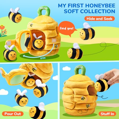 JoyCat Baby Toys 6-12 Months - Soft Baby Beehive with 5 Sensory Bees - Rattle, Crinkle Paper, Squeaker, Mirror, Busy Montessori Soft Toys for Toddlers 0-3 Years Old - Baby Christmas Birthday Gift - Image 4