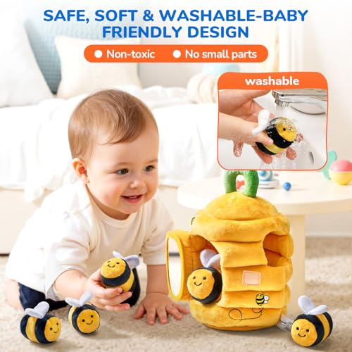 JoyCat Baby Toys 6-12 Months - Soft Baby Beehive with 5 Sensory Bees - Rattle, Crinkle Paper, Squeaker, Mirror, Busy Montessori Soft Toys for Toddlers 0-3 Years Old - Baby Christmas Birthday Gift - Image 3