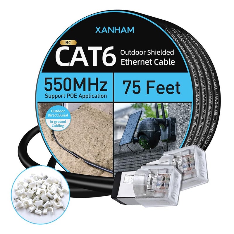 XANHAM Cat6 Shielded Outdoor Ethernet Cable 75 Feet Waterproof and UV Resistant Direct Burial Jacket 23AWG Solid Copper Cat 6 FTP Network Cable, for POE and Internet Cabling Application - Image 1