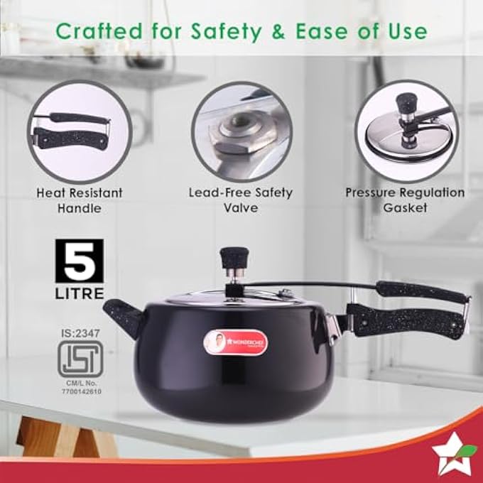 وندر شيف طنجرة ضغط توروس بغطاء داخلي من الألمنيوم الصلب سعة 5 لترات ومقابض ناعمة الملمس لضمان المتانة ومناسبة للاستخدام بالحث الحراري باللون الأسود - Image 4