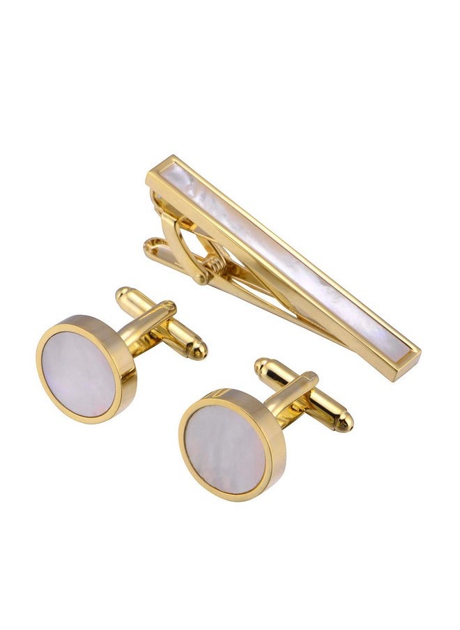 Jonwo - Mother Of Pearl Men Cufflinks And Tie Clip Set Regular Necktie Tie Bar Pin Cuff Links For Wedding Business Shirt Tie (14K Gold Plated Tie Clip And Cufflinks Set) - Image 1