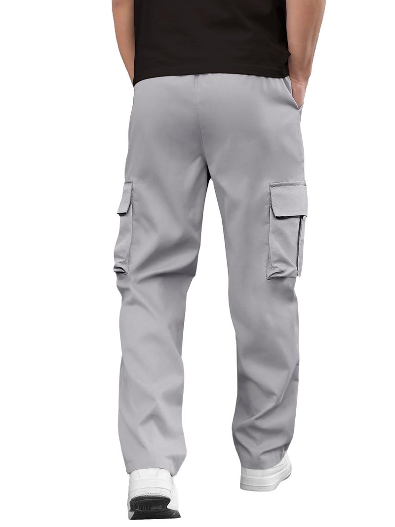 PLEPAN Men's Casual Cargo Pants Drawstring Hiking Pants Workout Tactical Joggers Sweatpants for Men Light Grey 3X-Large - Image 3