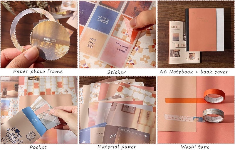 GLADBACK (346Pcs) Paper Junk Journal & Scrapbook Kit with Creative Decor Journaling Supplies, Stationery, Stickers, A6 Grid Notebook with Graph Ruled Page Gift for Girl (Sunset Scrapbook) - Image 4