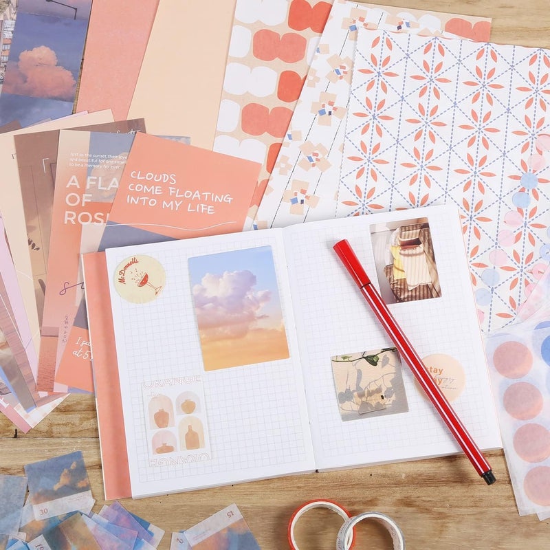 GLADBACK (346Pcs) Paper Junk Journal & Scrapbook Kit with Creative Decor Journaling Supplies, Stationery, Stickers, A6 Grid Notebook with Graph Ruled Page Gift for Girl (Sunset Scrapbook) - Image 3