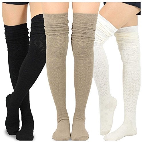 TeeHee Socks Teehee Women's Fashion Extra Long Cotton Thigh High Boot Socks 3 Pair (Pointelle) - Image 1