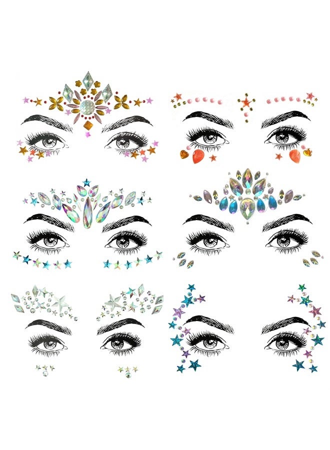 SHINEYES 6 Pcs Music Festival Face Jewels, Rhinestone Rave Face Gems Glitter,Crystal Birthday Party Festival Face Sticker, Eyes Face Body Temporary Tattoos for Festival Party - Image 1