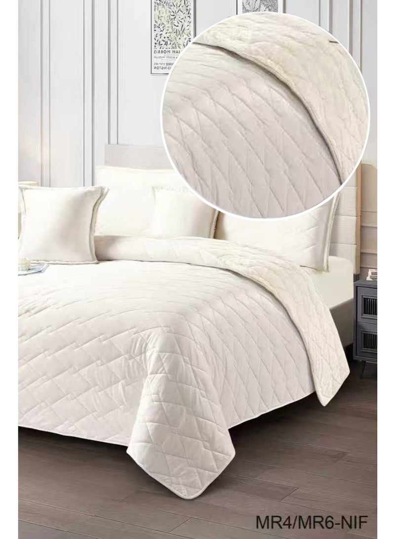 ميرال مفرش شتوي نفر ونص مخمل مضغوط سادة بوجه فرو – طقم 4 قطع (لحاف 160×210 + شرشف مغاط 120×200 + غطاء مخدة 45×70 + مخدة ديكورية 45×45) - Image 2