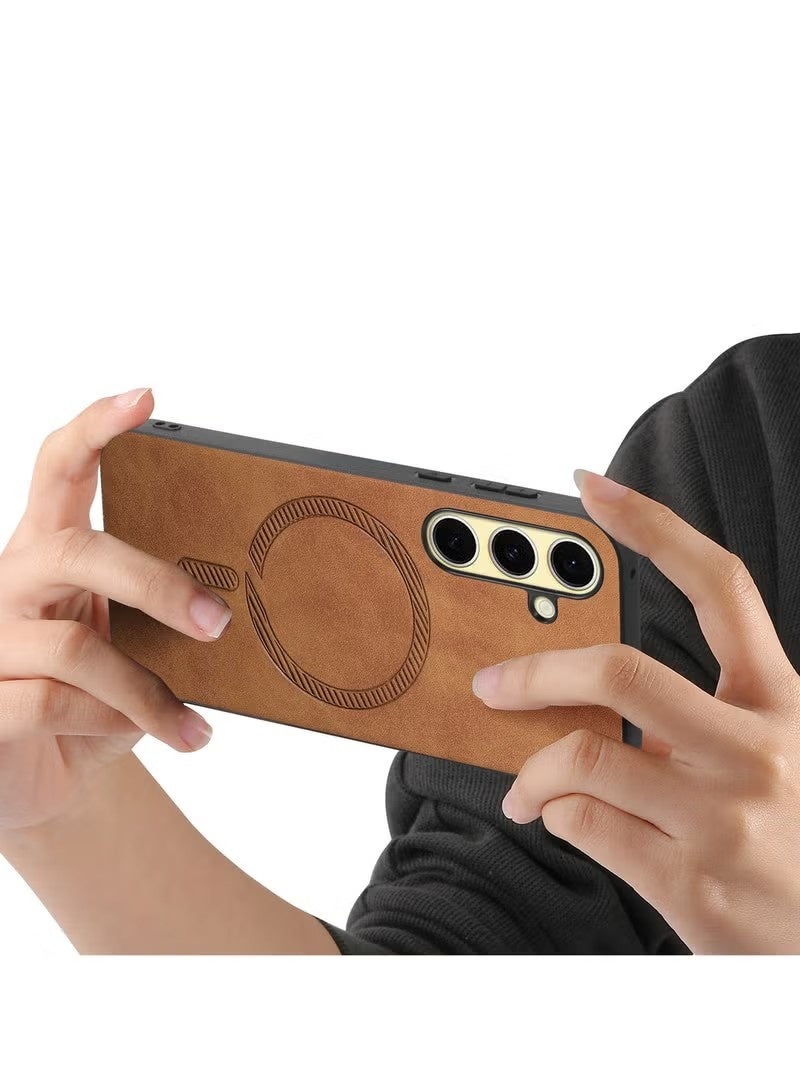 جراب حماية لهاتف سامسونج جالاكسي A56 5G، جراب حماية خلفي مغناطيسي فاخر من الجلد الطبيعي، لون بني داكن. - Image 2