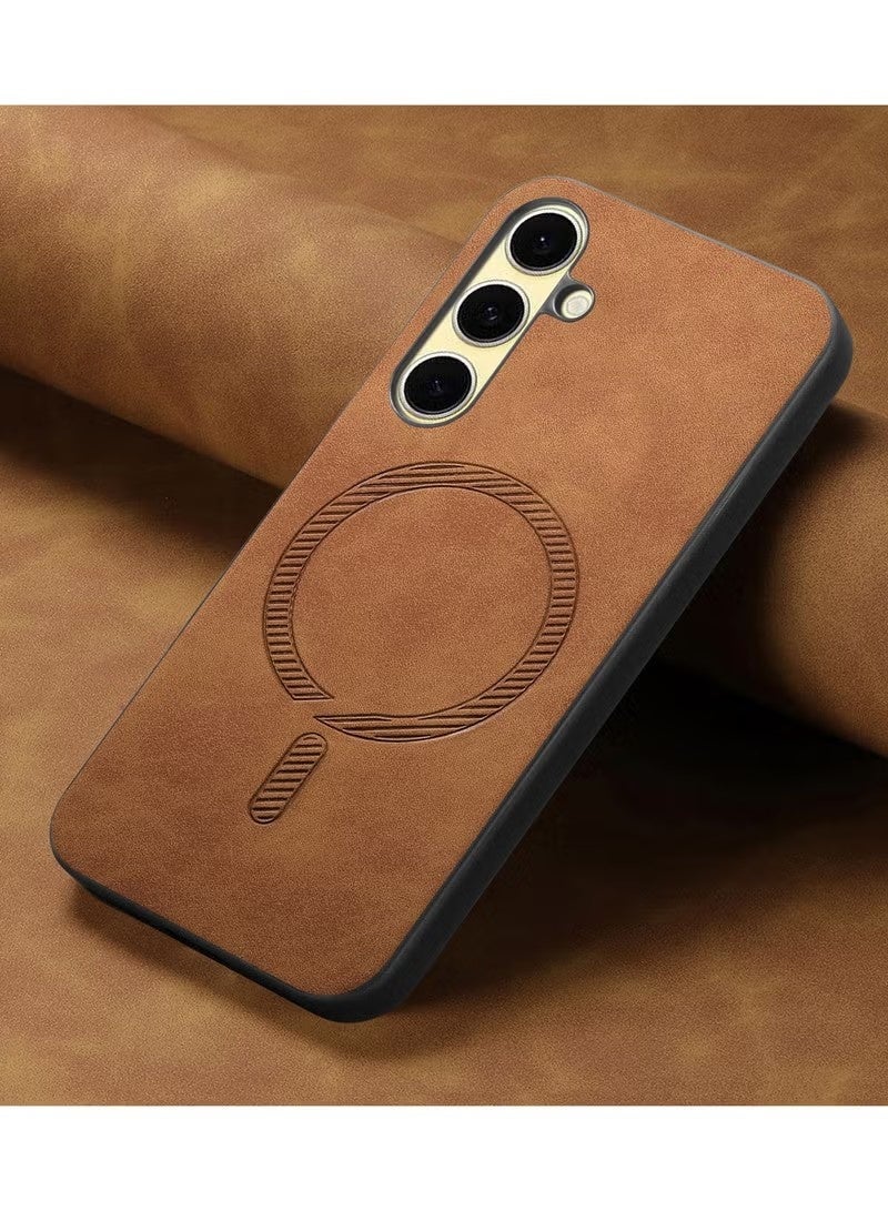 جراب حماية لهاتف سامسونج جالاكسي A56 5G، جراب حماية خلفي مغناطيسي فاخر من الجلد الطبيعي، لون بني داكن. - Image 3