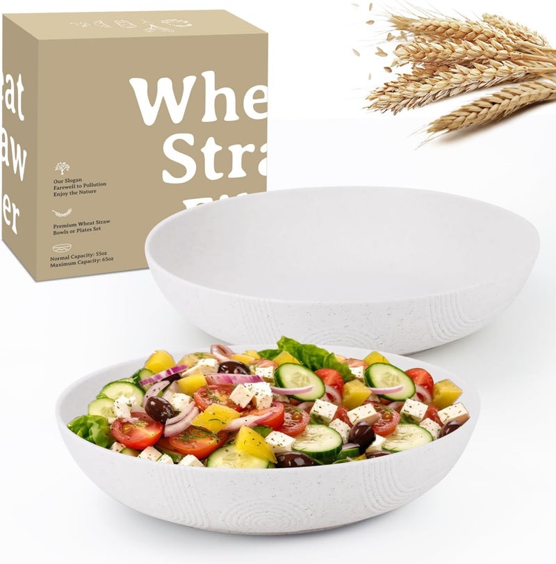 Wrova Salad Bowls 10inch Serving Bowls 65oz Large Salad Bowls Wheat Straw Bowls Set of 2 Wide and Shallow Plastic Salad Bowls for Kitchen Microwave  Dishwasher SafeWhite - Image 1