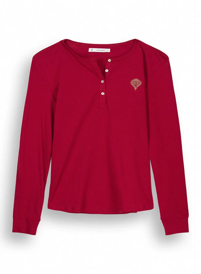 women'secret Red Long-Sleeved T-Shirt In 100% Cotton