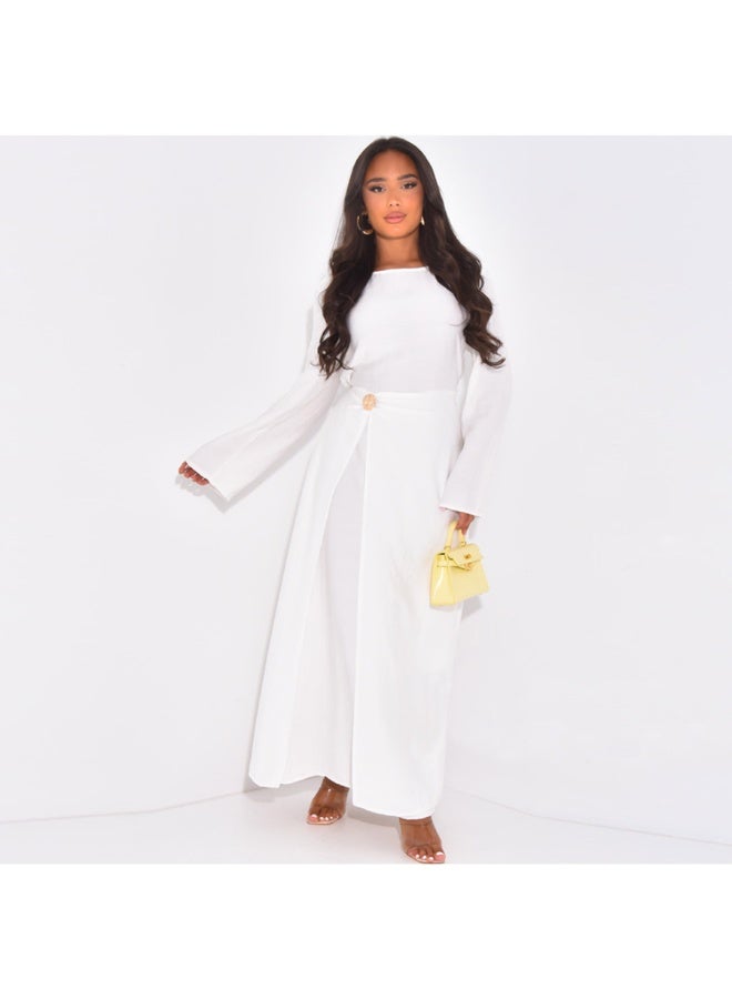 Women Solid Round Neck Wrap Abaya Dress Flared Sleeve Rhinestone Buckle Loose Maxi Dress - Image 1