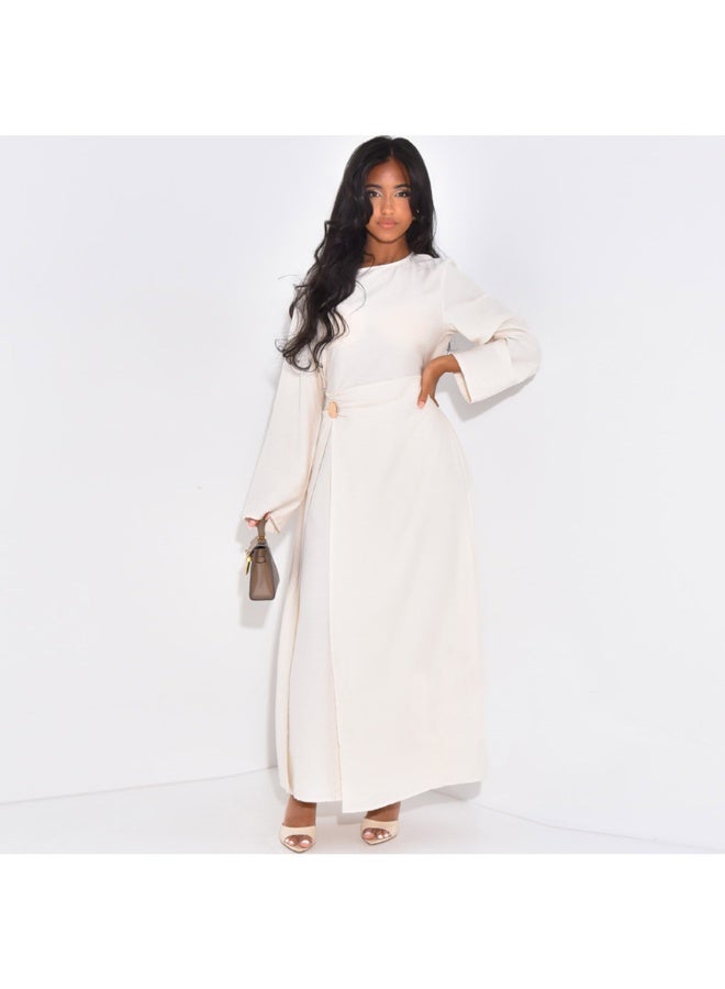 Women Solid Round Neck Wrap Abaya Dress Flared Sleeve Rhinestone Buckle Loose Maxi Dress - Image 2