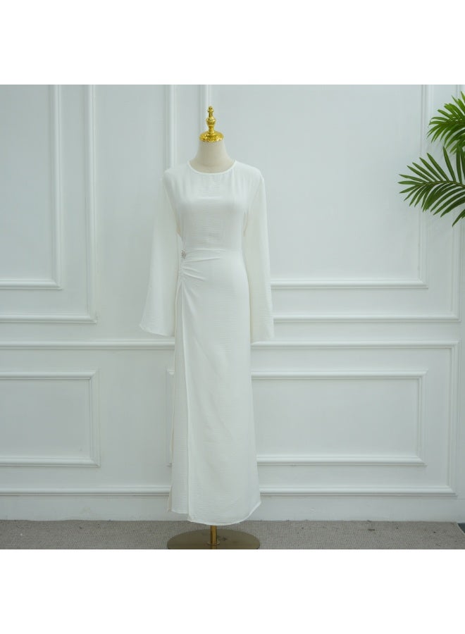 Women Solid Round Neck Wrap Abaya Dress Flared Sleeve Rhinestone Buckle Loose Maxi Dress - Image 3
