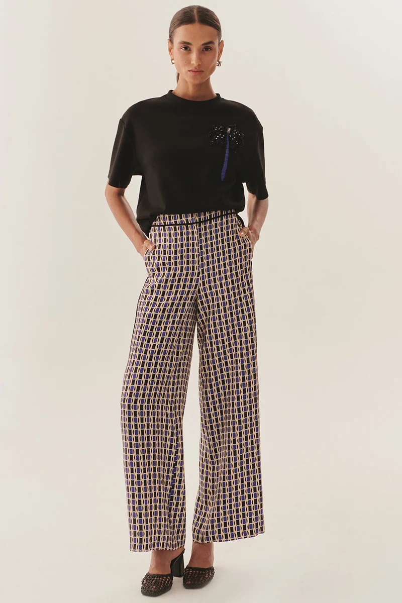 EXQUISE High-Waisted, Pocketed, Loose-Fit Patterned Trousers