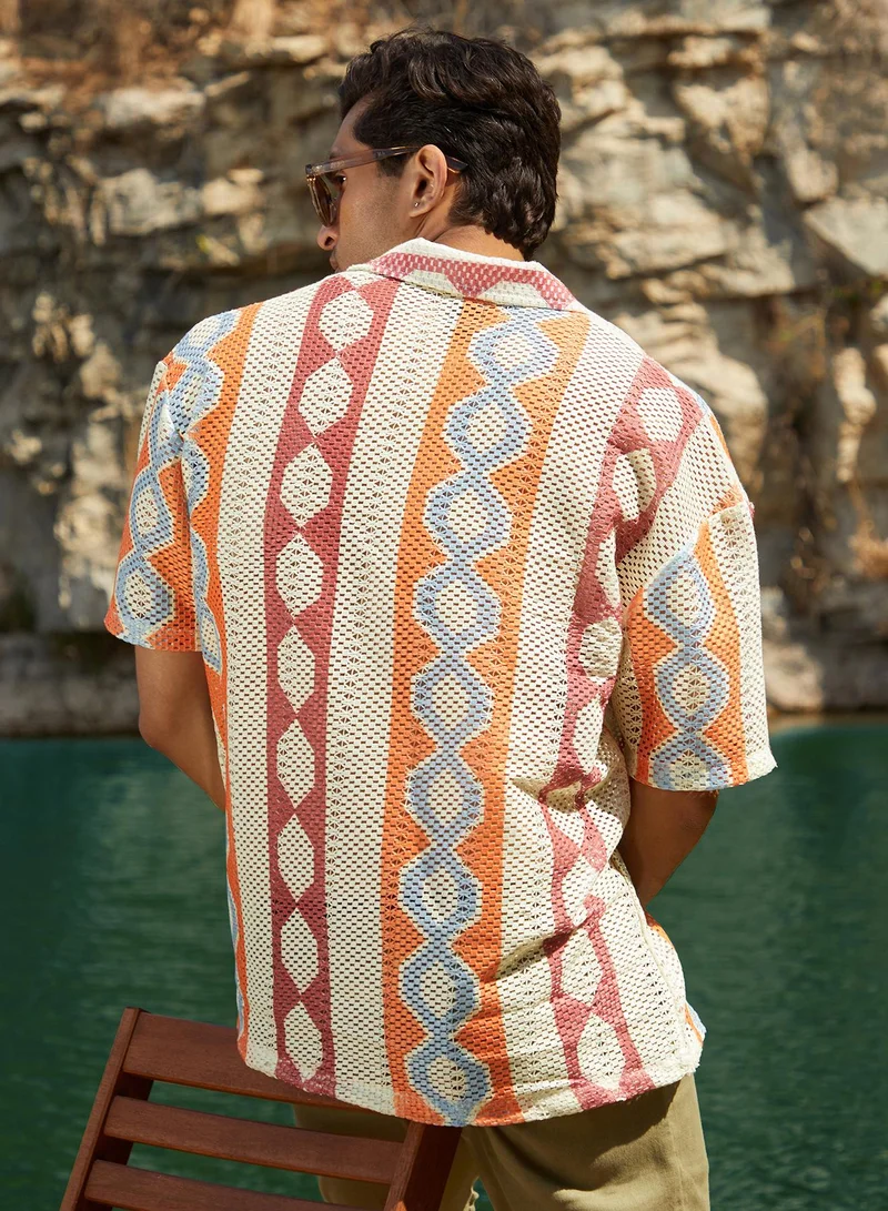 كامبوس سوترا Men's Tangerine Orange & Crimson Red Geometric Block Oversized Shirt